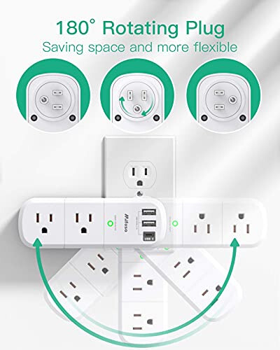 USB Outlet Extender Surge Protector - with Rotating Plug, 6 AC Multi Plug and 3 USB Ports (1 C), 1800 Joules, 3-Sided Swivel Power Strip Spaced Splitter for Home, Office, Travel - 4