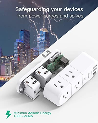 USB Outlet Extender Surge Protector - with Rotating Plug, 6 AC Multi Plug and 3 USB Ports (1 C), 1800 Joules, 3-Sided Swivel Power Strip Spaced Splitter for Home, Office, Travel - 6