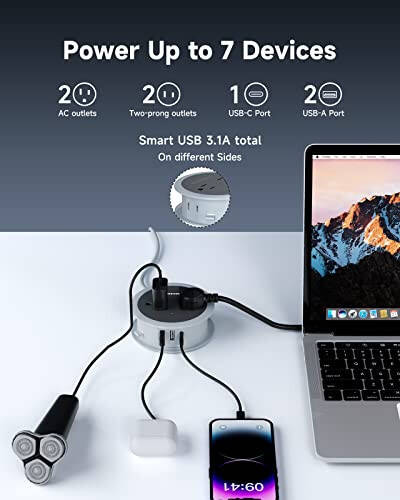 USB Portli sayohat rozetkasi, 4 fut o'raladigan tekis vilkali uzatma simi, 4 ta AC chiqishi, 3 USB (1 USB C), Ko'chma rozetka, sayohat, yotoqxona, kruiz zaruriyatlari, sayohat jihozlari uchun ixcham, kulrang - 2