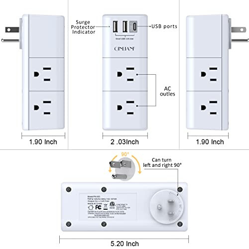 USB Priz Uzatma Şeridi Akım Koruyucu - QINLIANF Çoklu Priz Döndürülebilir Fişli, 3 Yönlü Döndürülebilir Priz Şeridi 6 AC Aralıklı Priz Bölücü ve 3 USB Bağlantı Noktası (1 USB C) ile Seyahat, Ev, Ofis için ETL - 7