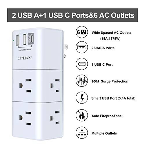 USB rozetka kengaytma elektr toki himoyachisi - QINLIANF ko'p vilkali rozetka aylanuvchi vilkali, 3 tomonlama aylanuvchi elektr rozetka lentasini 6 AC joylashtirilgan rozetka bo'luvchi va 3 USB portlari (1 USB C) bilan sayohat, uy, ofis uchun ETL - 2