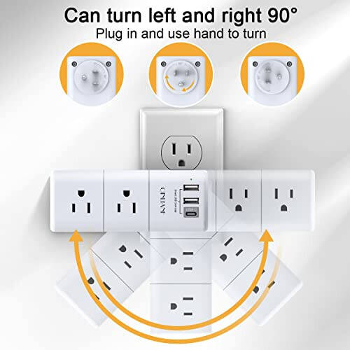 USB rozetka kengaytma elektr toki himoyachisi - QINLIANF ko'p vilkali rozetka aylanuvchi vilkali, 3 tomonlama aylanuvchi elektr rozetka lentasini 6 AC joylashtirilgan rozetka bo'luvchi va 3 USB portlari (1 USB C) bilan sayohat, uy, ofis uchun ETL - 3