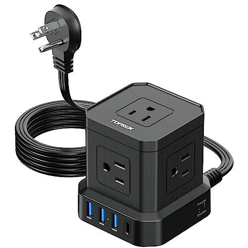 USB va USB-C (3.0A) ulangan rozetka, 5 ta rozetka, 1 ta USB-C & 3 ta USB-A bilan jihozlangan 5 FT ultra ingichka tekis vilkali rozetka, TOPREK rozetka elektr tarmogʻidan himoya qiluvchi qurilma, uy, ofis, yotoqxona, mehmonxona safarlari uchun ixcham - 1