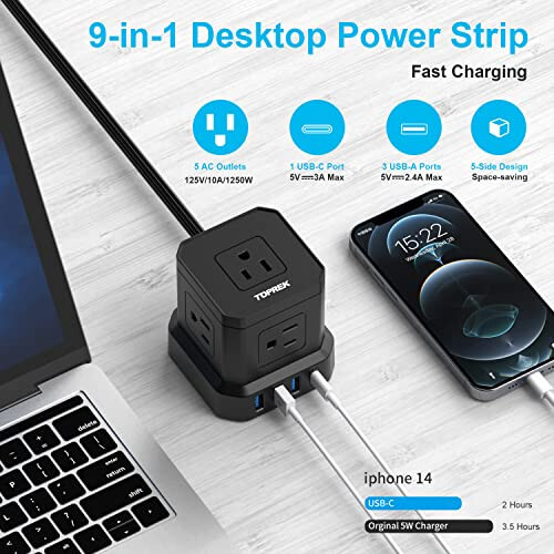 USB va USB-C (3.0A) ulangan rozetka, 5 ta rozetka, 1 ta USB-C & 3 ta USB-A bilan jihozlangan 5 FT ultra ingichka tekis vilkali rozetka, TOPREK rozetka elektr tarmogʻidan himoya qiluvchi qurilma, uy, ofis, yotoqxona, mehmonxona safarlari uchun ixcham - 2