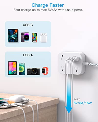 USB'li Priz, 3 Çıkışlı 4 USB Portlu (2 USB C) 5 Fit İnce Düz Fişli Uzatma Kablosu, Duvara Monte Masa Şarj İstasyonu, Seyahat, Yolcu Gemisi, Üniversite Yurdu Odası Gereçleri İçin Aşırı Akım Koruyucusu Olmayan - 4