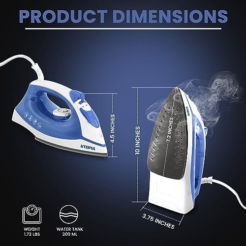 Utopia Home Steam Iron for Clothes - Non-Stick Soleplate - 1200W Clothes Iron - Textile Iron 2.3 meter Long Cord Adjustable Thermostat Control, Overheat Safety Protection & Variable Steam Control Blue - 2