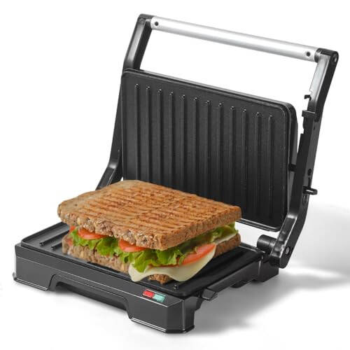 UVFAST Small Panini Press Grill Sandwich Maker, Electric Panini Sandwich Maker Grill,Open 180 Degrees for Grill Indoor,Perfect for Grilling Steaks,Burger,Sandwich,Non-stick Pan,Black - 1