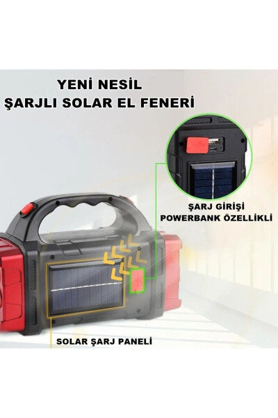 V-2678 Uzun Menzilli Solar Panelli 25w Powerbank Usb Çıkış 4 Mod Lu Ultra Güçlü Ledli Şarjlı Feneri - 2