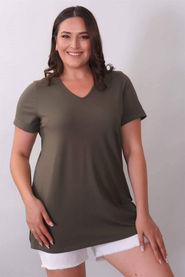 V-Neck Basic Khaki Blouse - 1