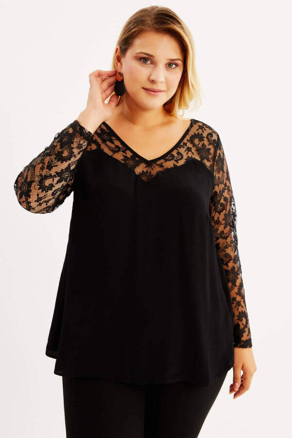 V-Neck Blouse with Lace Sleeves - 1