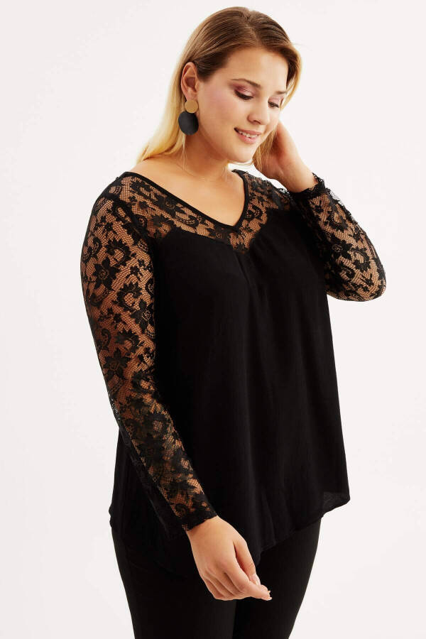 V-Neck Blouse with Lace Sleeves - 2