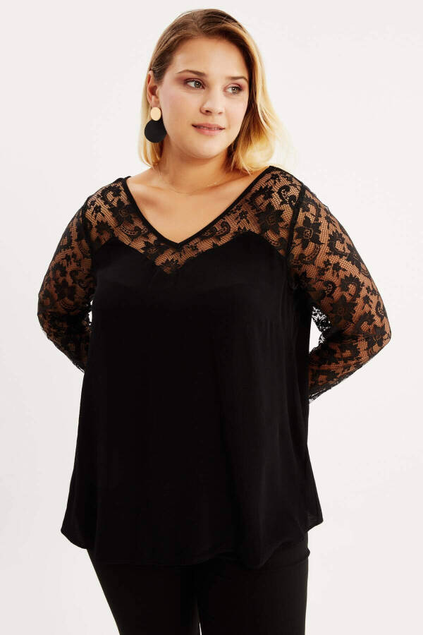 V-Neck Blouse with Lace Sleeves - 3