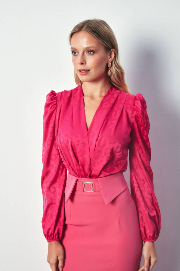 V-Neck Bodysuit Blouse with Crossover Detail - FUCHSIA - 2