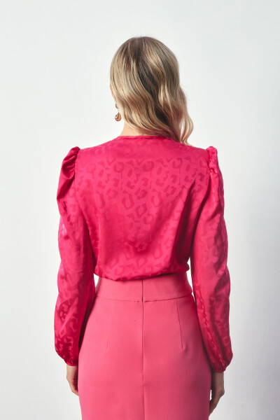 V-Neck Bodysuit Blouse with Crossover Detail - FUCHSIA - 5