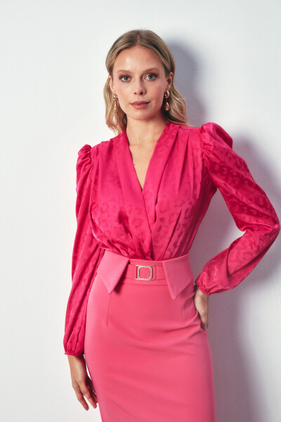 V-Neck Bodysuit Blouse with Crossover Detail - FUCHSIA - 6