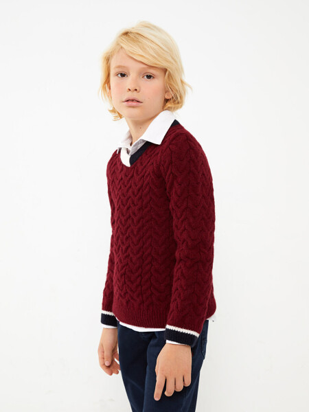 V-Neck Braided Pattern Long Sleeve Boys Knit Sweater - 12