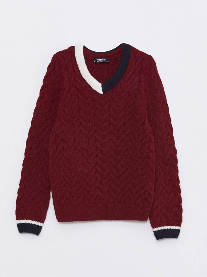 V-Neck Braided Pattern Long Sleeve Boys Knit Sweater - 14