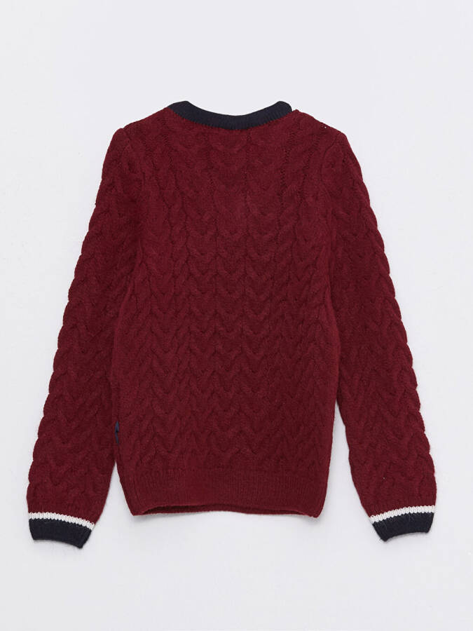 V-Neck Braided Pattern Long Sleeve Boys Knit Sweater - 15