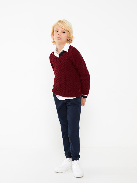 V-Neck Braided Pattern Long Sleeve Boys Knit Sweater - 8