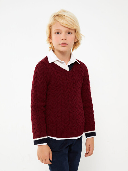 V-Neck Braided Pattern Long Sleeve Boys Knit Sweater - 1