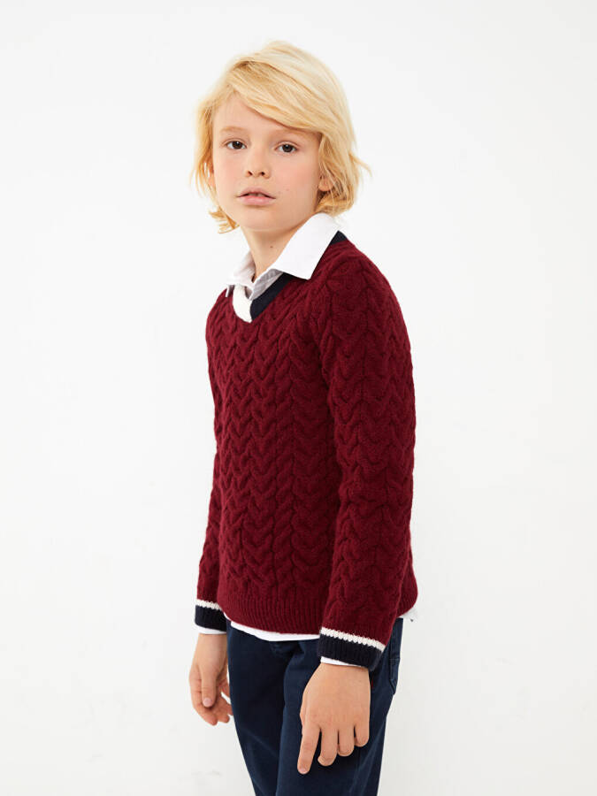 V-Neck Braided Pattern Long Sleeve Boys Knit Sweater - 17