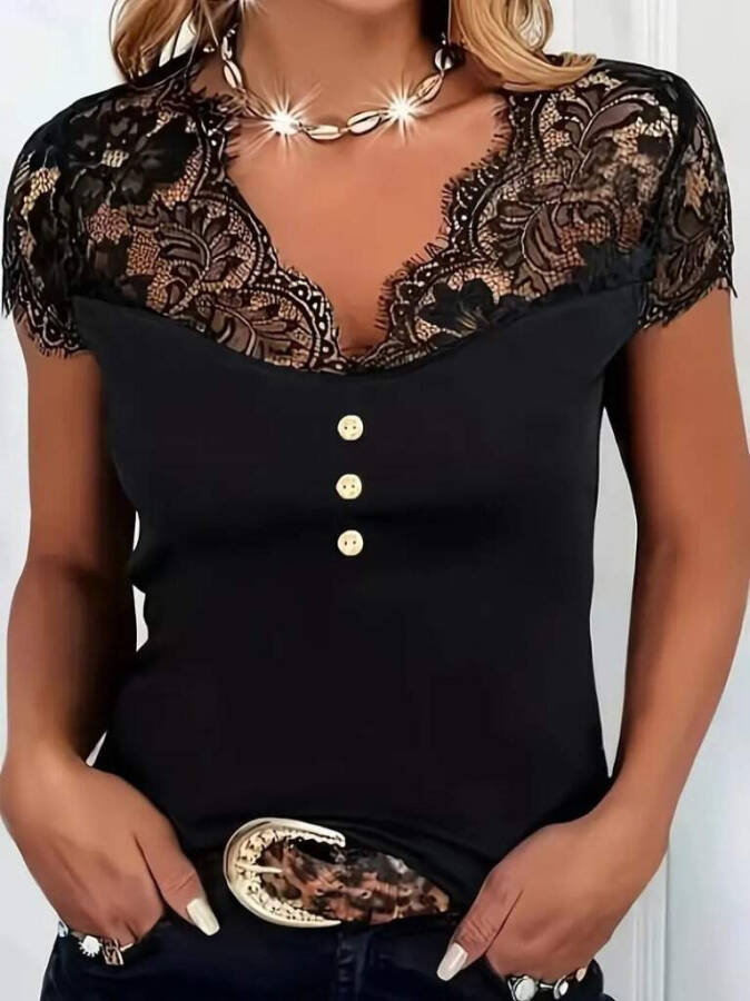 V-neck, button-front, short-sleeve viscose blouse with lace detail. - 1