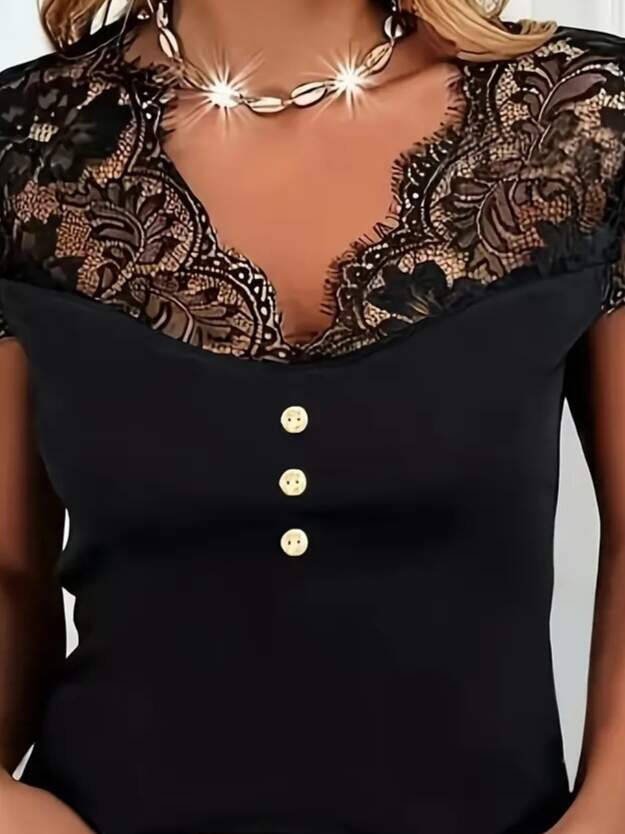 V-neck, button-front, short-sleeve viscose blouse with lace detail. - 3