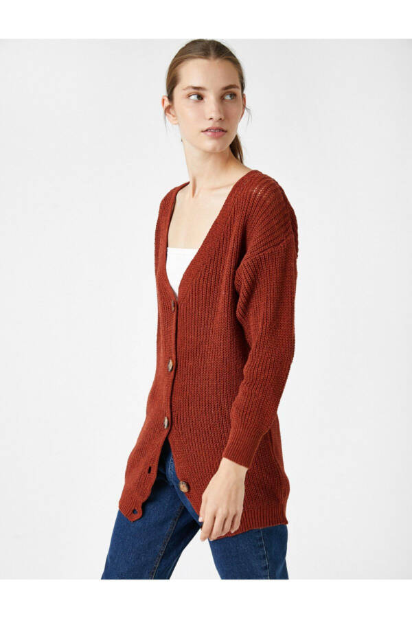 V Neck Buttoned Knit Cardigan - 1