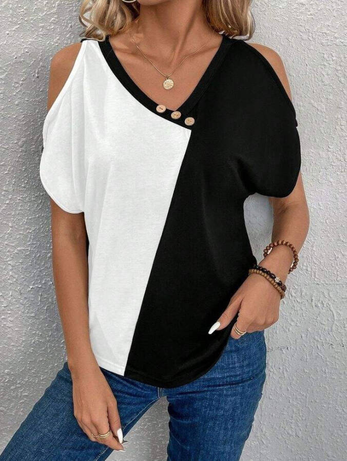 V-neck, off-shoulder, button detail, short sleeve viscose blouse. - 1