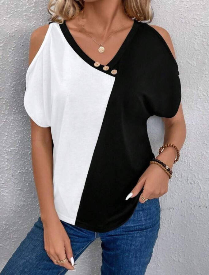 V-neck, off-shoulder, button detail, short sleeve viscose blouse. - 3