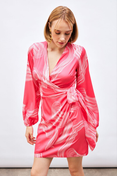 V-Neck Patterned Dress - FUCHSIA - 5