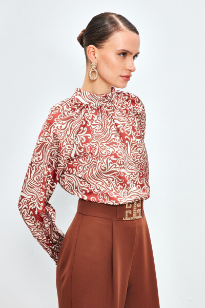 V-Neck Printed Blouse - TERRA COTTA - 1