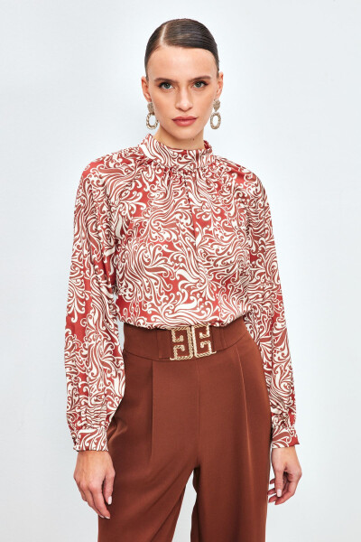 V-Neck Printed Blouse - TERRA COTTA - 2