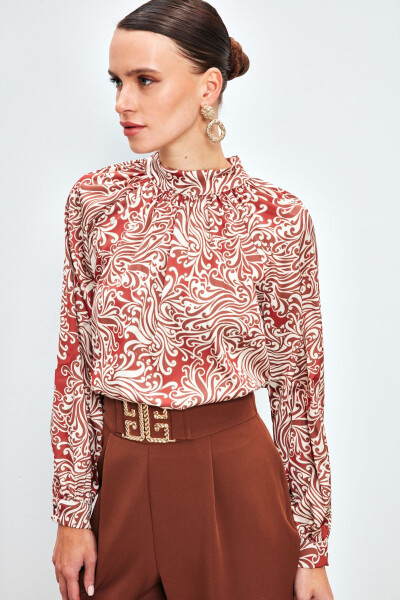 V-Neck Printed Blouse - TERRA COTTA - 3