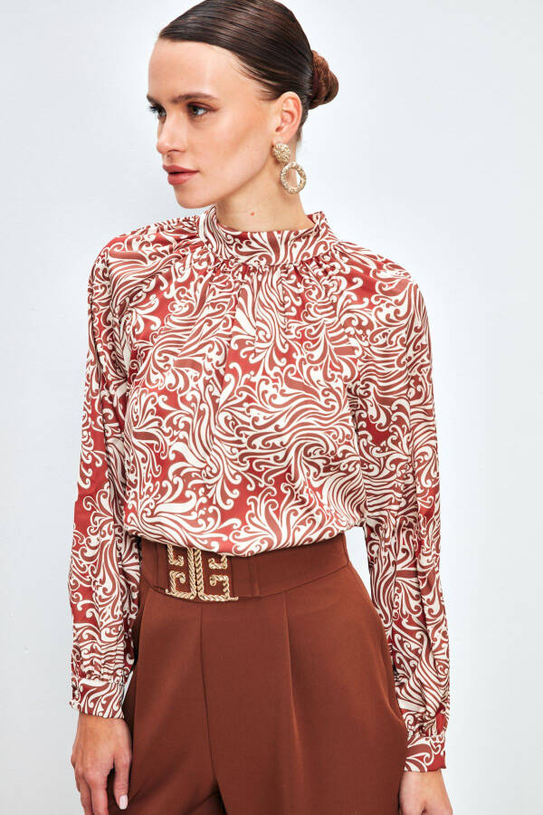 V-Neck Printed Blouse - TERRA COTTA - 3