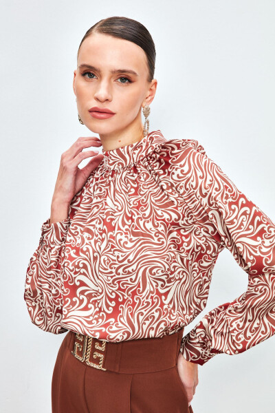 V-Neck Printed Blouse - TERRA COTTA - 4