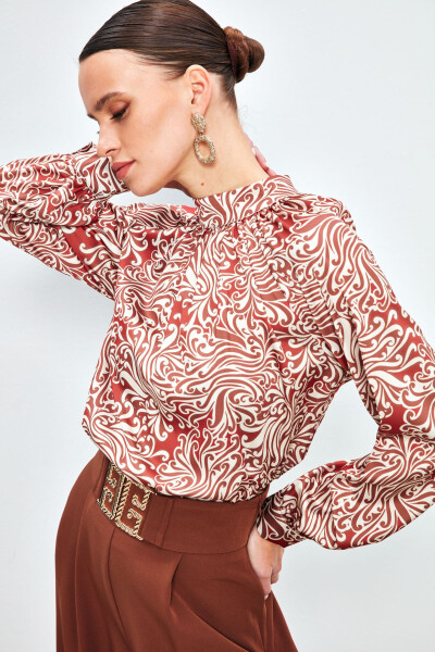 V-Neck Printed Blouse - TERRA COTTA - 5