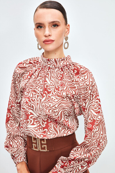 V-Neck Printed Blouse - TERRA COTTA - 6