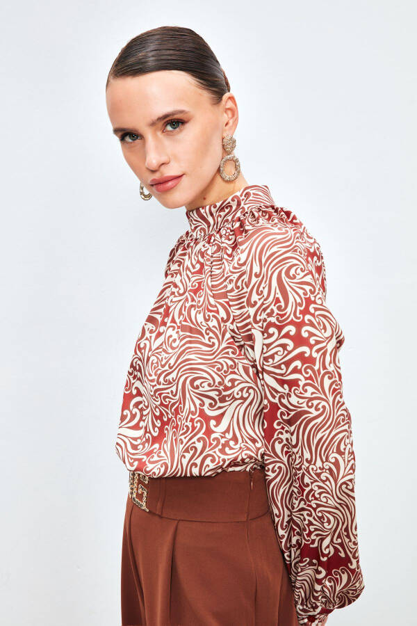 V-Neck Printed Blouse - TERRA COTTA - 7