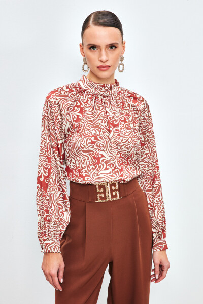 V-Neck Printed Blouse - TERRA COTTA - 10