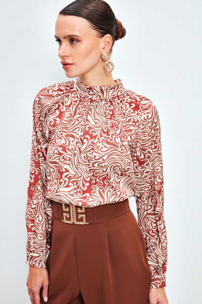 V-Neck Printed Blouse - TERRA COTTA - 11