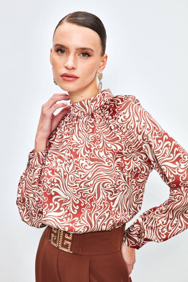 V-Neck Printed Blouse - TERRA COTTA - 12