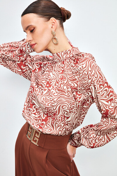 V-Neck Printed Blouse - TERRA COTTA - 13