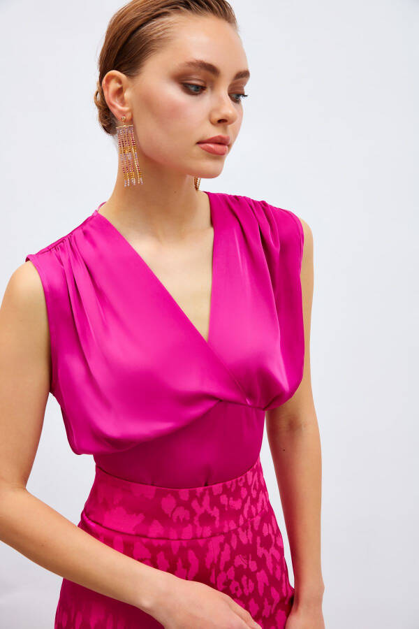 V-Neck Short Satin Blouse - Fuchsia - 1