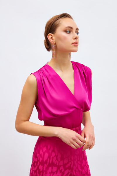 V-Neck Short Satin Blouse - Fuchsia - 2