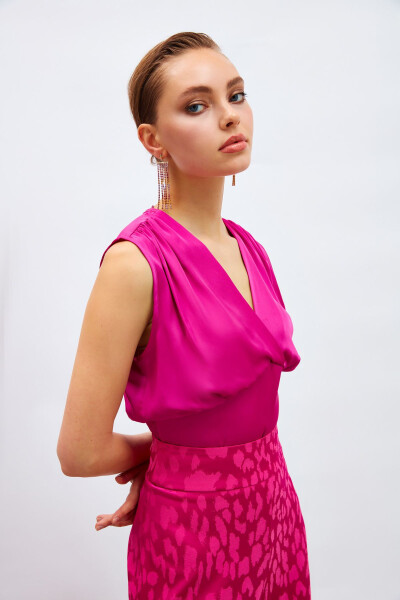 V-Neck Short Satin Blouse - Fuchsia - 4