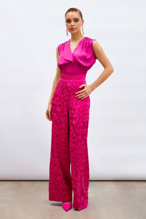 V-Neck Short Satin Blouse - Fuchsia - 13