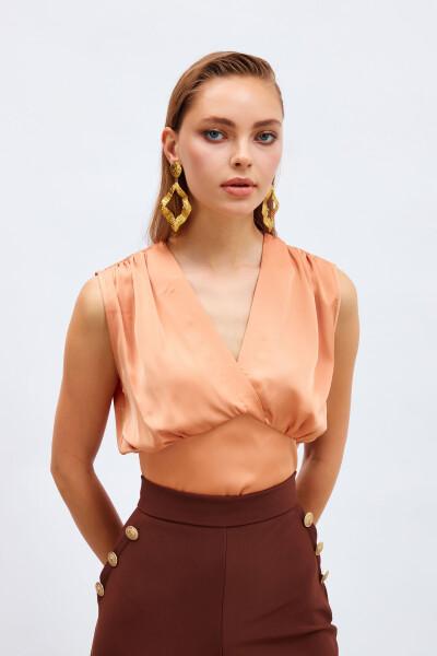 V-Neck Short Satin Blouse - Salmon - 3