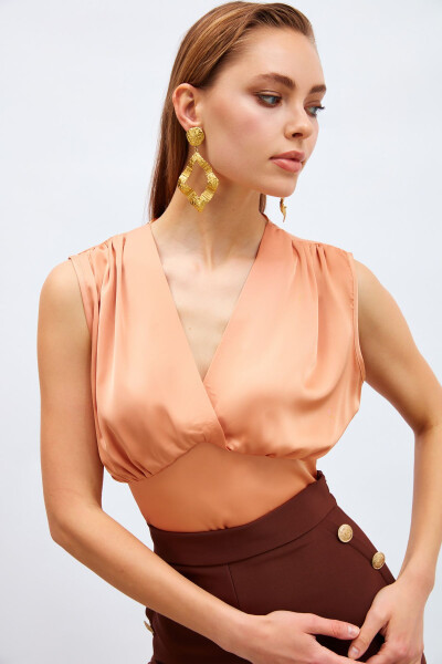 V-Neck Short Satin Blouse - Salmon - 4