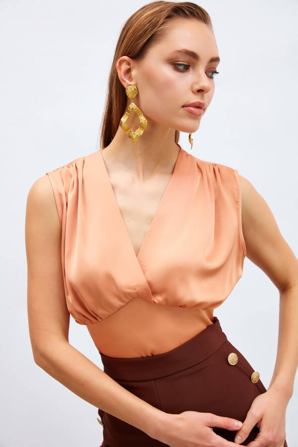 V-Neck Short Satin Blouse - Salmon - 10